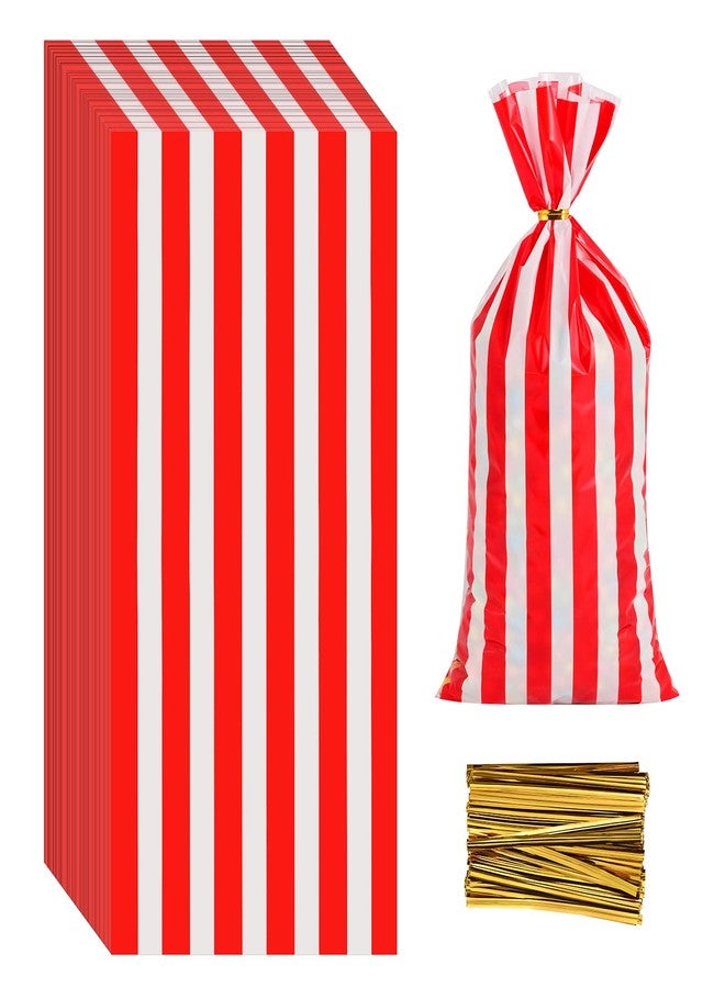 Lecferrarc 100 Pcs Carnival Treat Bags Circus Carnival Cellophane Candy Bags Red and White Stripe Circus Party Favors with Twist Ties for Birthday Party Supplies - Image 1